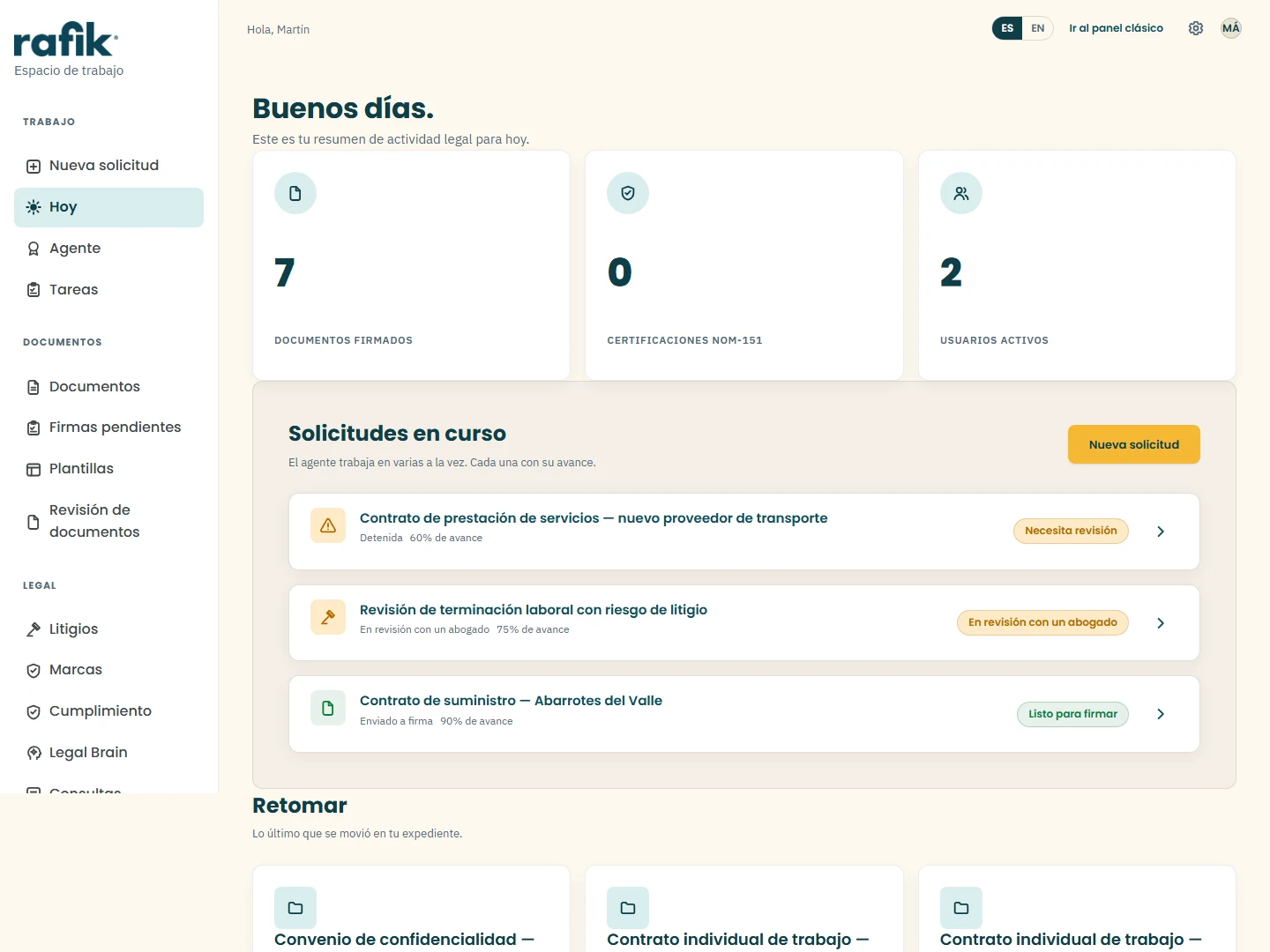 Panel de Rafik: resumen del día con documentos firmados, certificaciones NOM-151 y las solicitudes que el agente tiene en curso